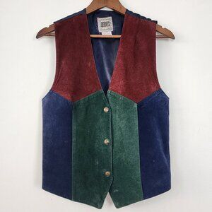 Vtg 90s Color Block Jewel Tones Suede Vest Sz Lrg Southwestern Country Cowgirl